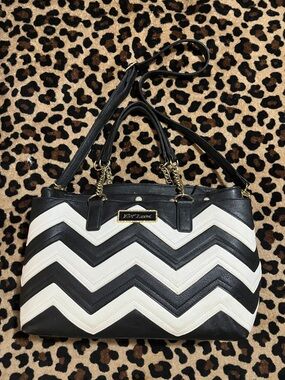 Betsey Johnson Black & White Chevron Tote with Gold Chain Accents